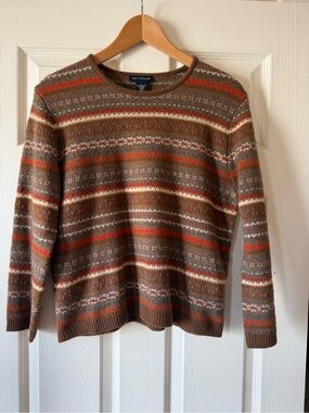Ann Taylor Vintage Fair Isle Knit Crewneck Sweater - Earthy Brown/Orange